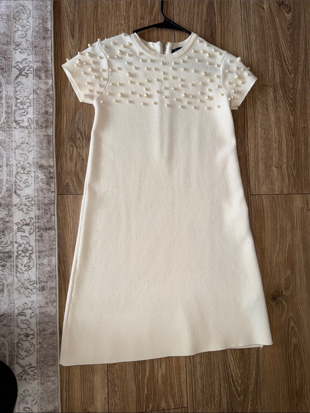Cream Pearl-Embellished Short-Sleeve Dress